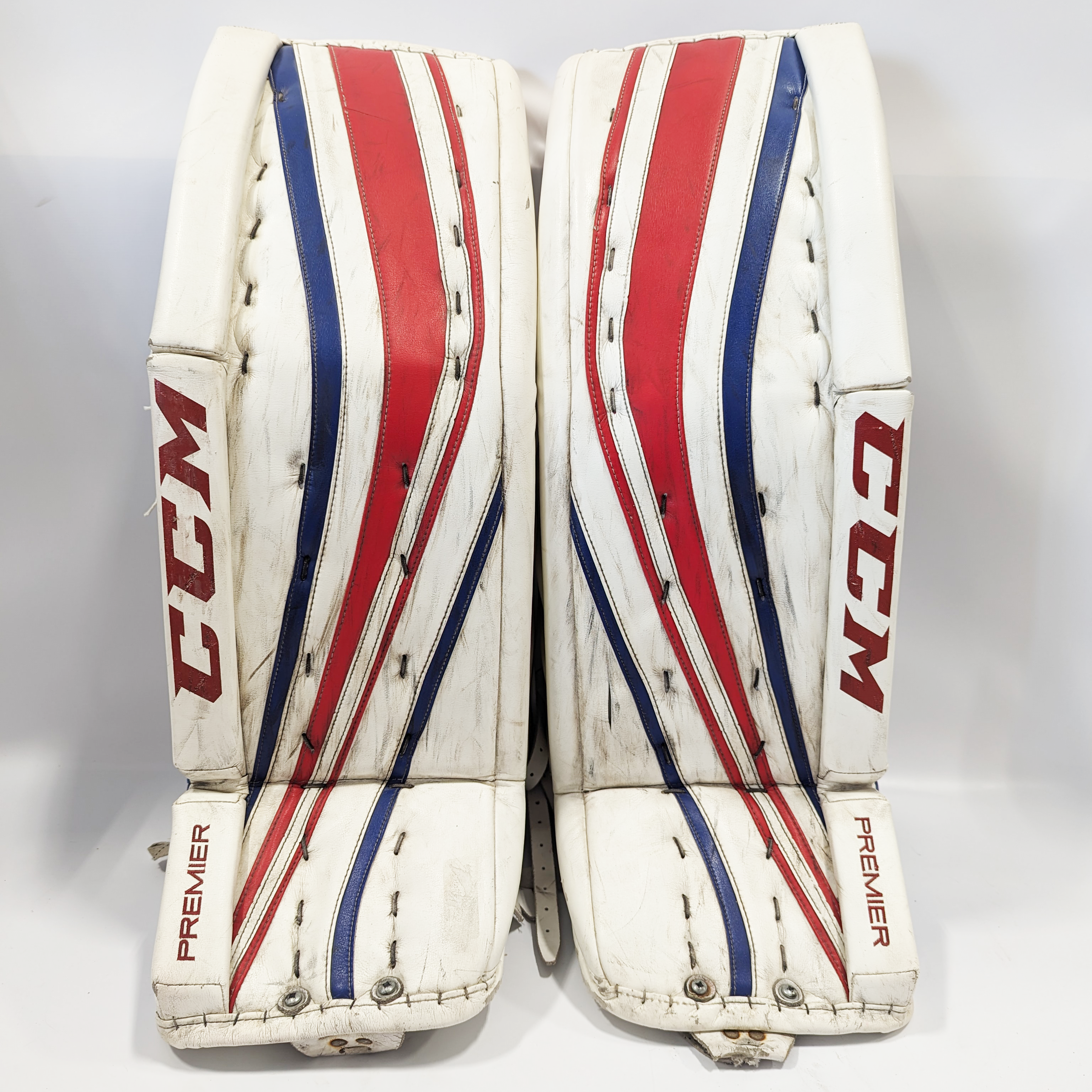CCM Premier - Jambières de gardien de but Pro Stock d'occasion (blanc/rouge/bleu)
